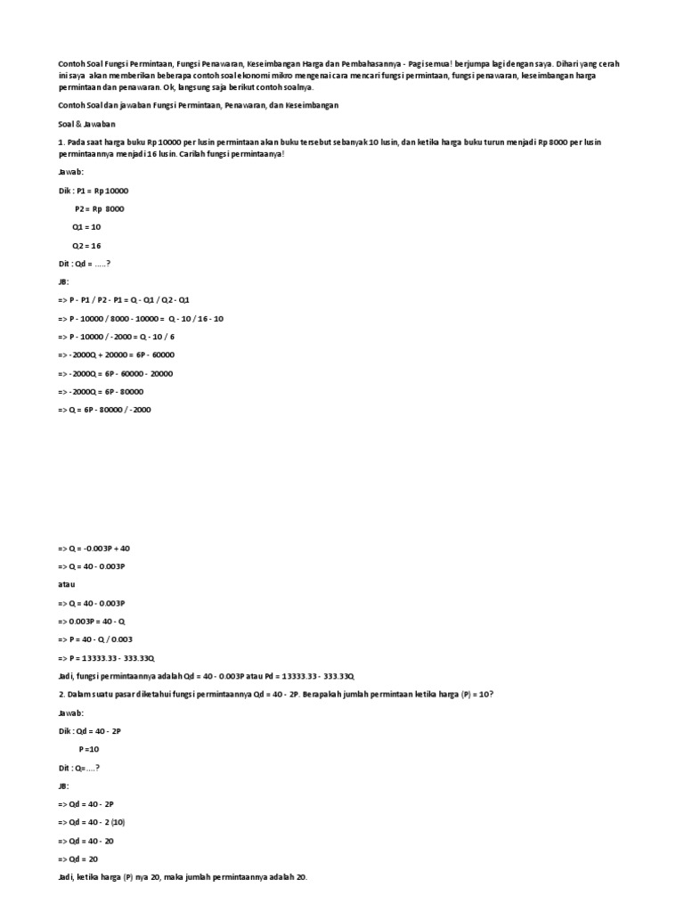 Contoh Soal Fungsi Permintaan Q