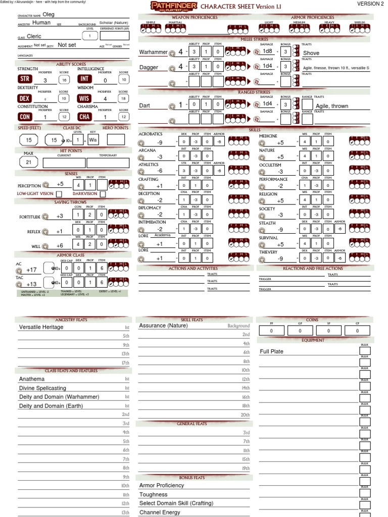 STR DEX CON INT WIS CHA: Not Set 1d8 Shove Dagger 1d4 | PDF