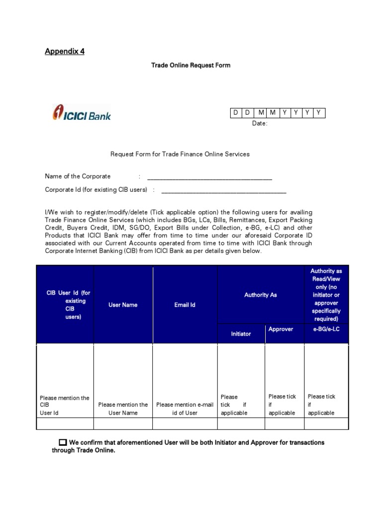 ICICI Bank Trade Online Request Form | PDF | Letter Of Credit | Banks