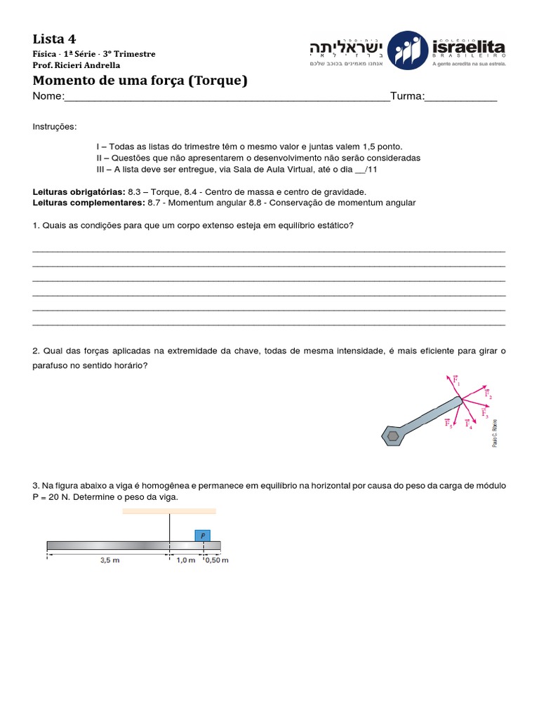 Exercícios sobre Momento de Força | PDF | Torque | Massa