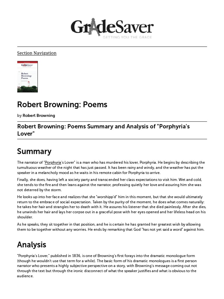 Robert Browning Poems "Porphyria's Lover" Summary and Analysis