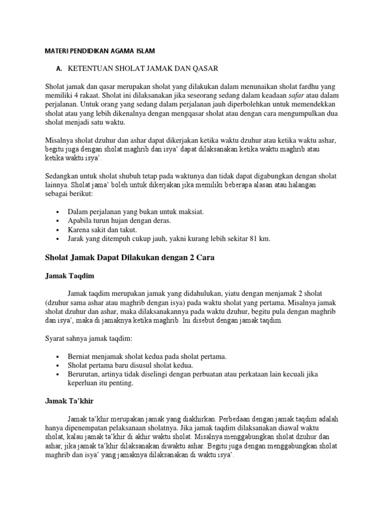 Sholat Jamak Dapat Dilakukan Dengan 2 Cara Materi Pendidikan Agama Islam A