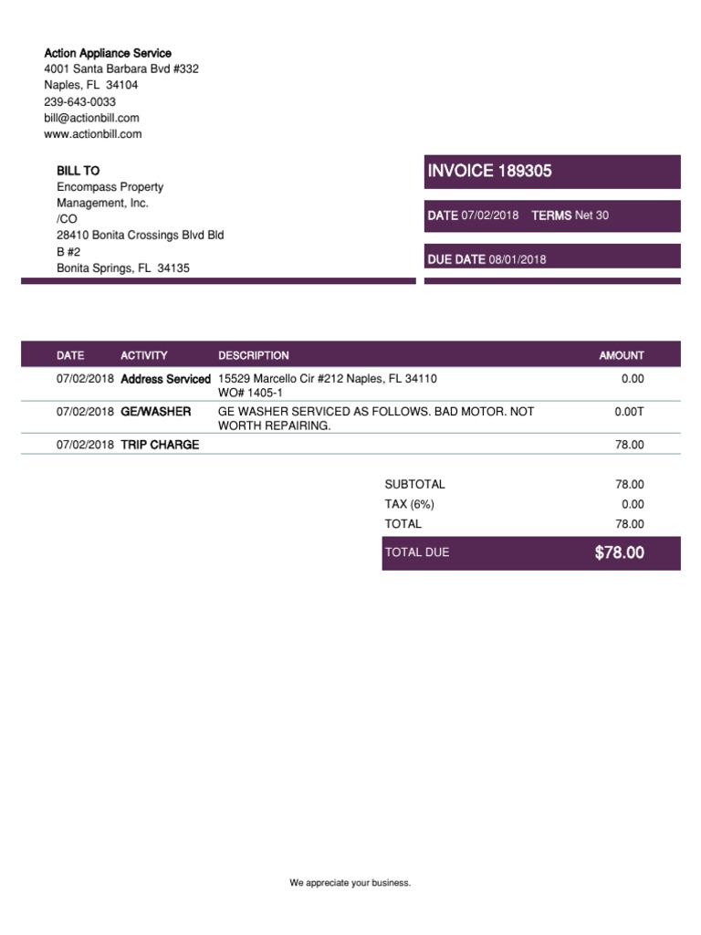 Appliance Repair Invoice #189305 | PDF