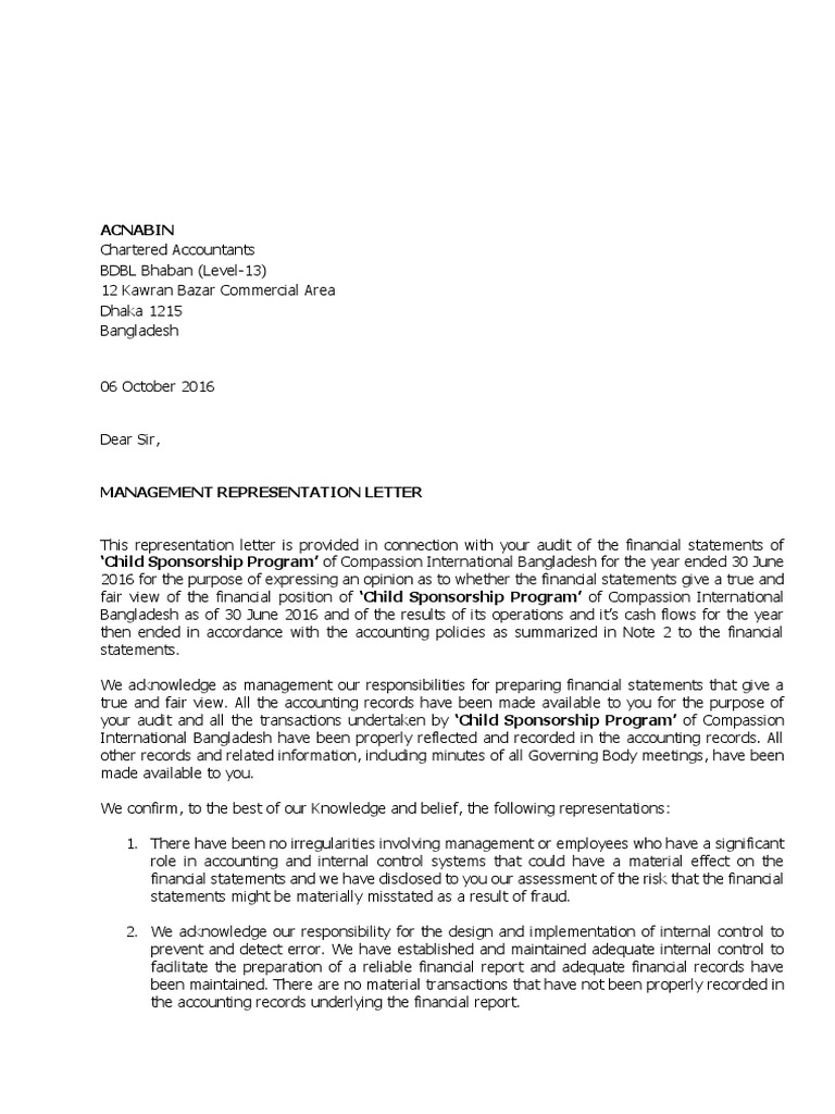 management representation letter for internal audit