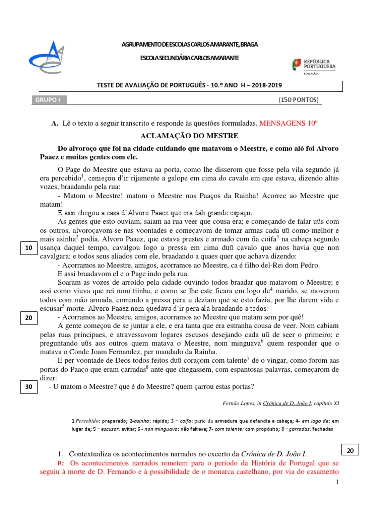 Teste de Português - 10.º Ano 2018-2019 | PDF