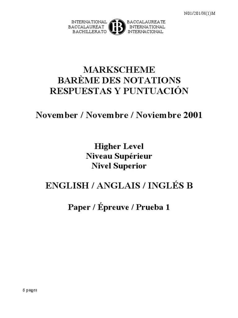 English B Paper 1 HL Markscheme | PDF