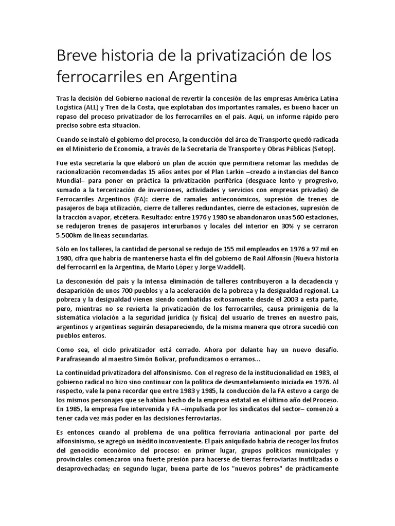 Breve Historia de La Privatización de Los Ferrocarriles en Argentina ...