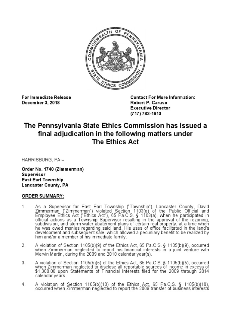 The Pennsylvania State Ethics Commission has issued a final