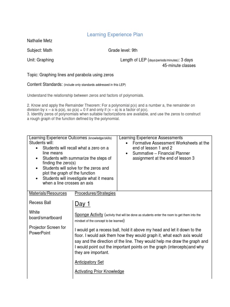 Learning Experience Plan | PDF | Function (Mathematics) | Behavior ...
