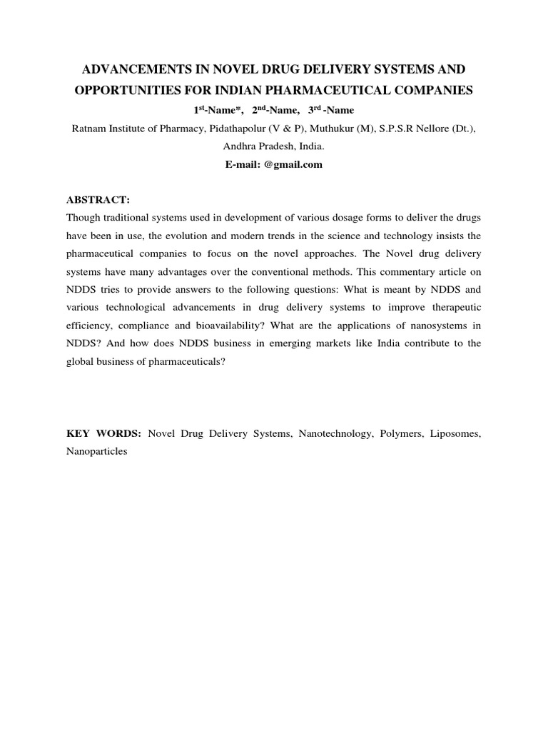 Advancements in Novel Drug Delivery Systems and Opportunities For ...