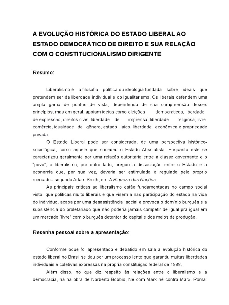 A Evolução Histórica Do Estado Liberal Ao Estado Democrático de Direito ...