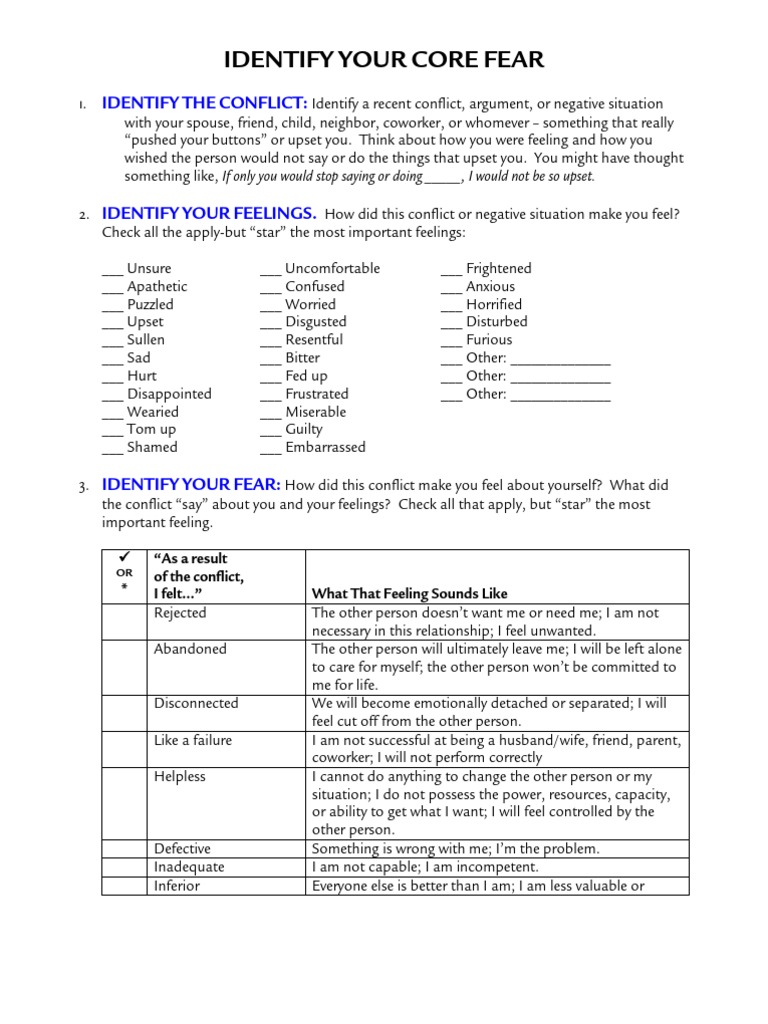 Core Fear Identification Worksheet | PDF | Aggression | Anger