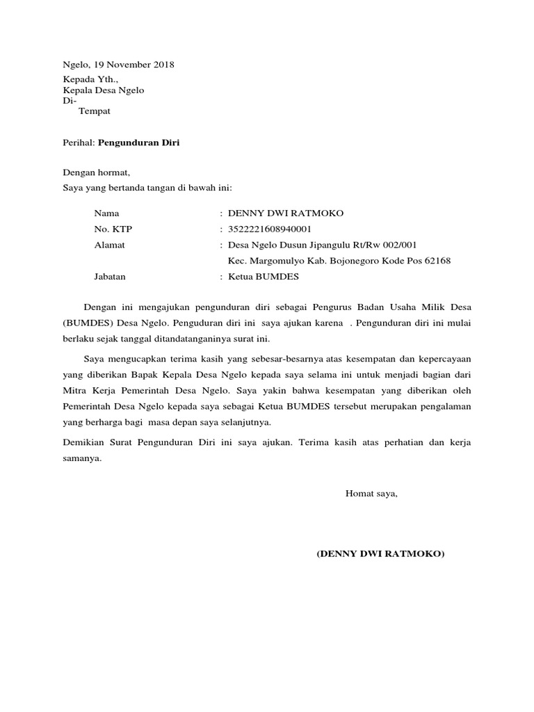 Contoh Surat Pengunduran Diri Karyawan