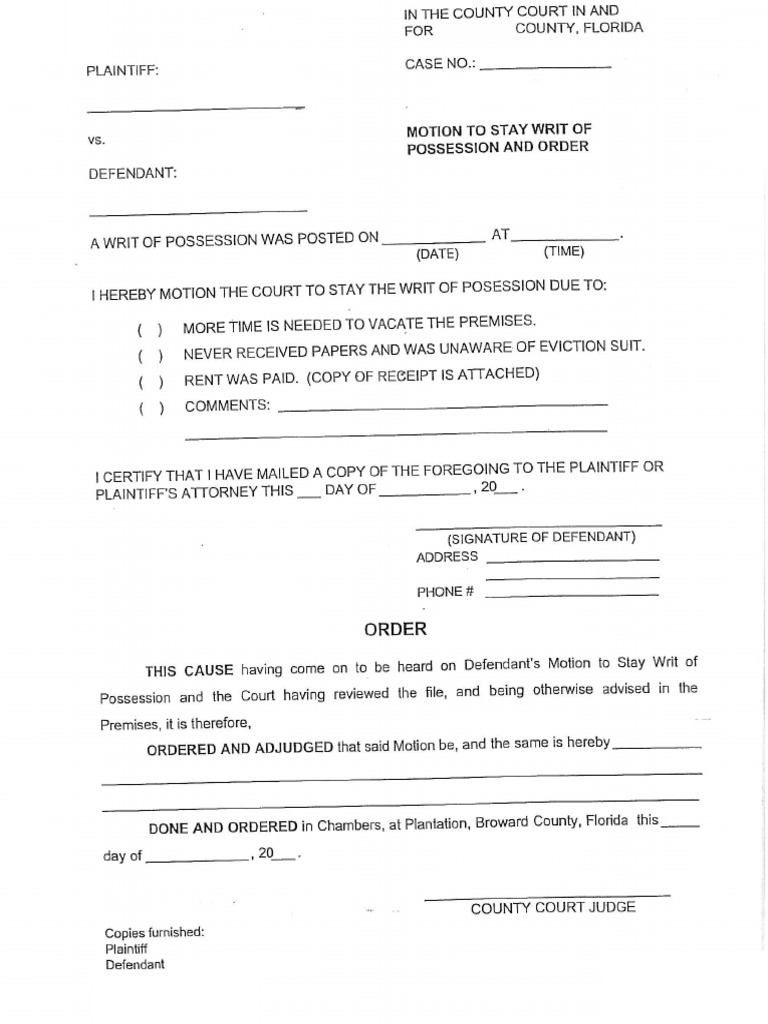 Motion to stay writ of possession and order pdf justice crime