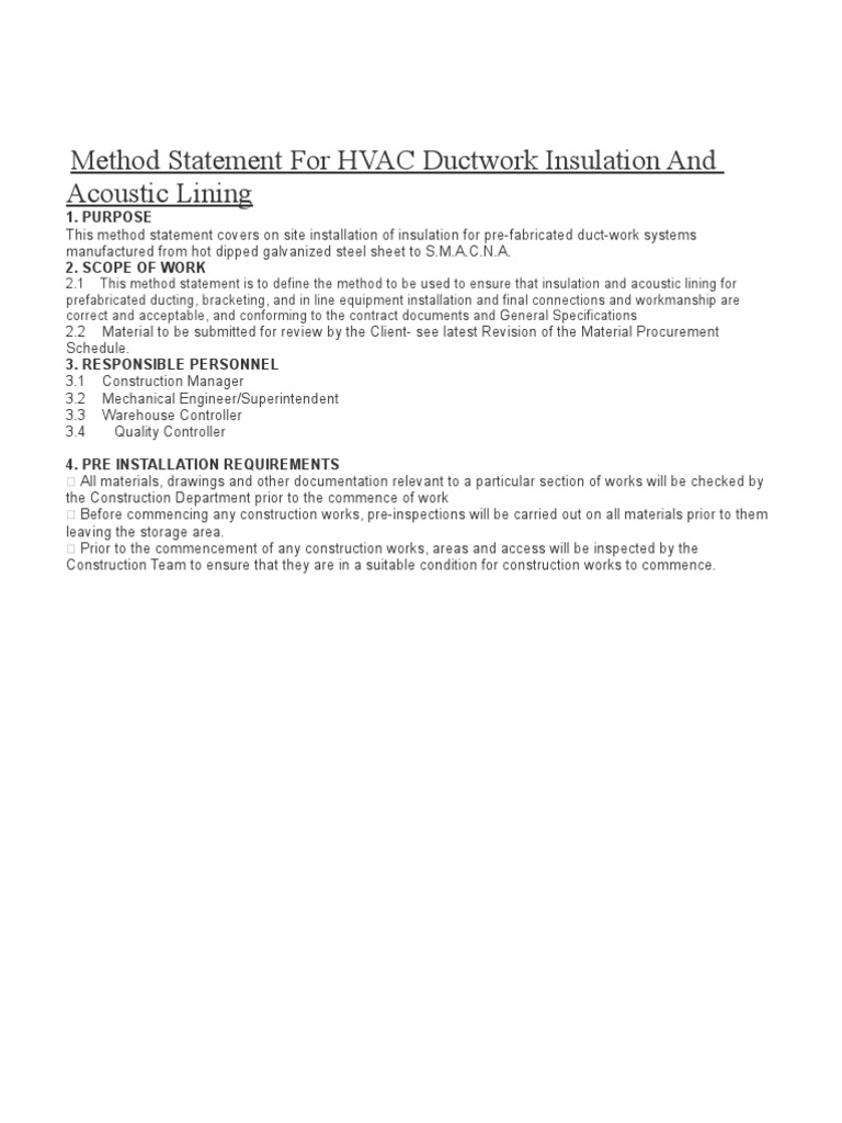 Method Statement For HVAC Ductwork Insulation and Acoustic Lining PDF