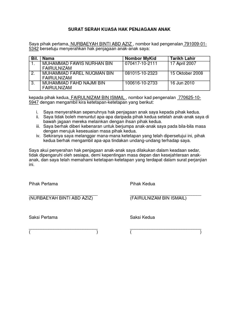 Surat Kuasa Pelepasan Hak Jagaan Anak