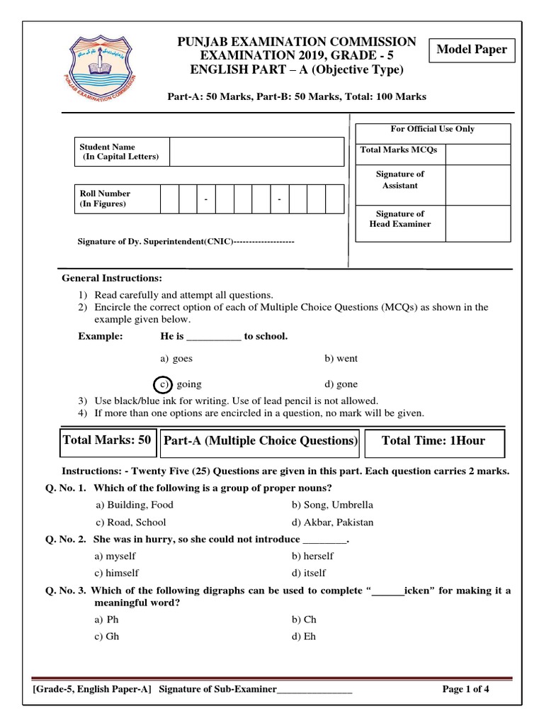Punjab Examination Commission 2019 5th Class English Part a Objective Model Paper Rowing