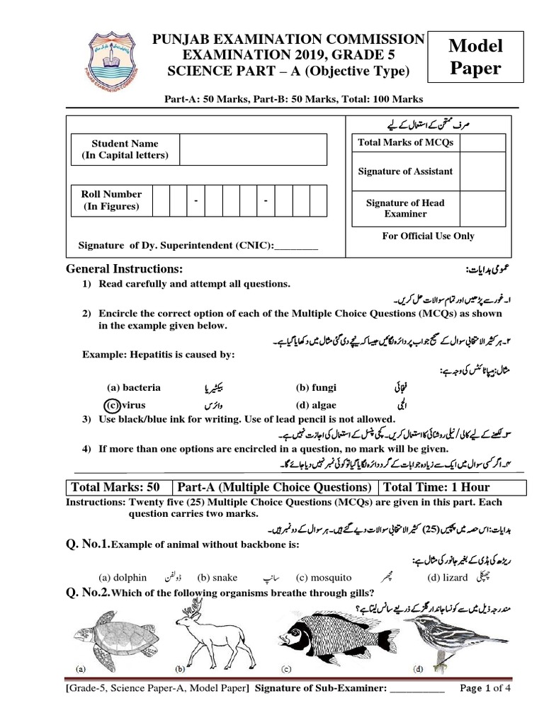 Punjab Examination Commission 2019 5th Class Science Part A Objective ...