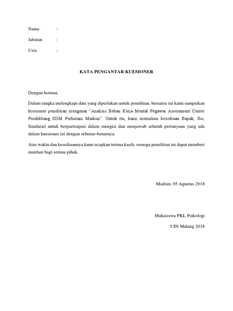 Kata Pengantar Kuisioner