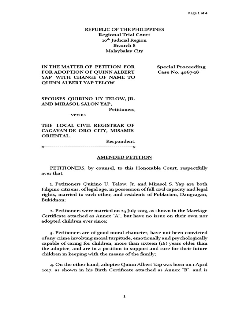 Adoption Petition for Quinn Albert Yap | PDF | Adoption | Marriage