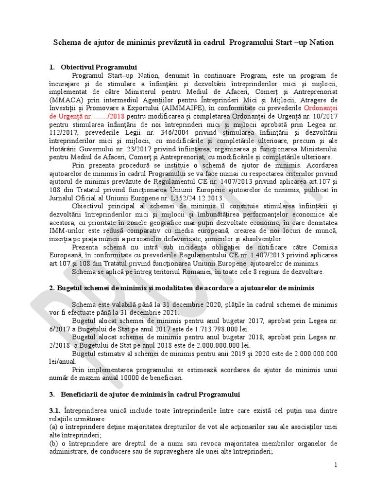 Schema De Ajutor De Minimis PrevÄƒzutÄƒ In Cadrul Programului Start Up Nation 2018