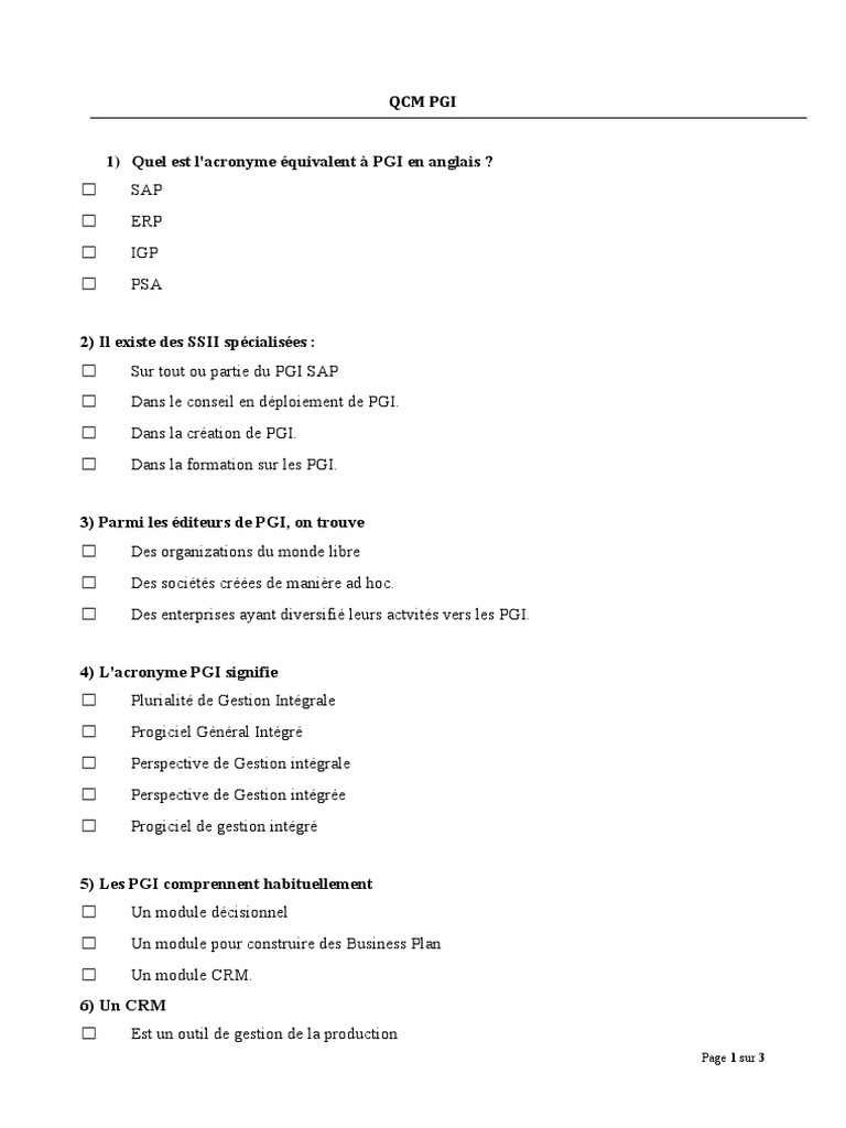 QCM sur le PGI et ses enjeux | PDF | Progiciel de gestion intégré ...