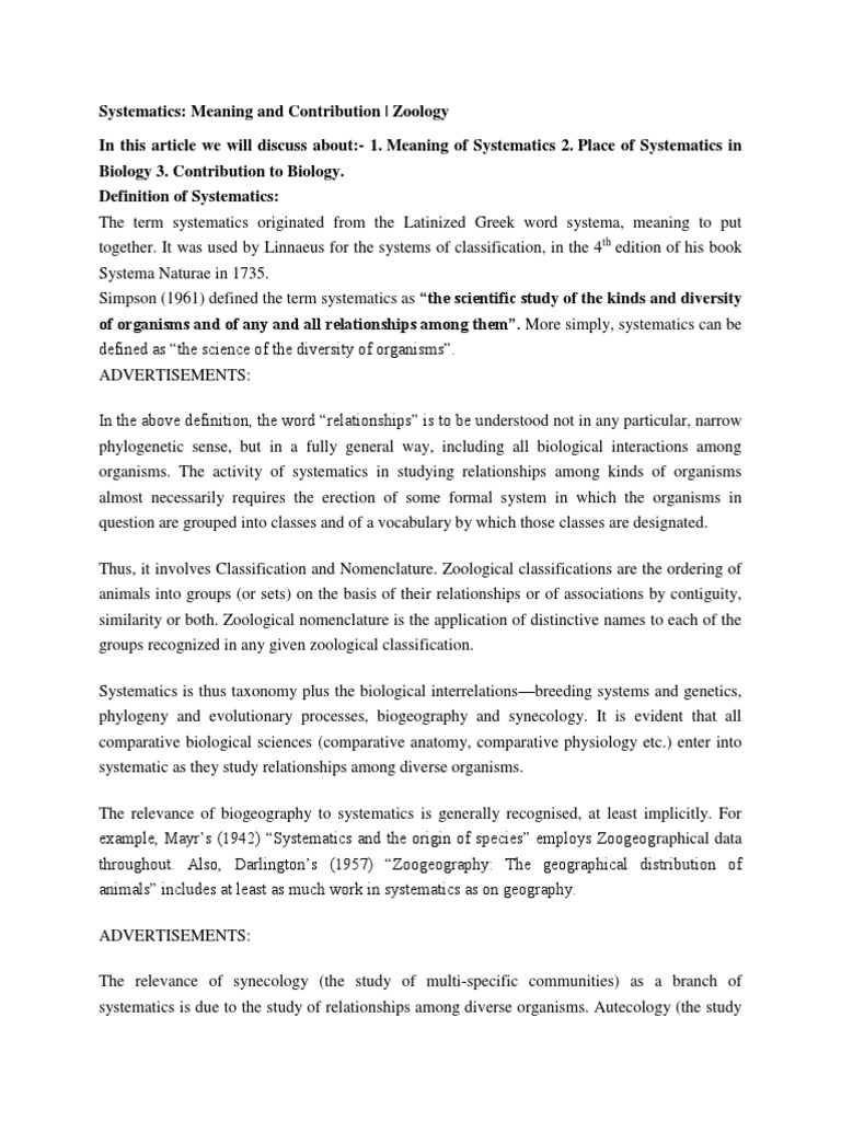 Systematics PDF Zoology Taxonomy (Biology)