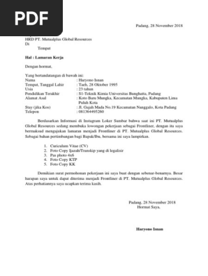 Contoh Surat Lamaran Kerja Pt Mutualplus
