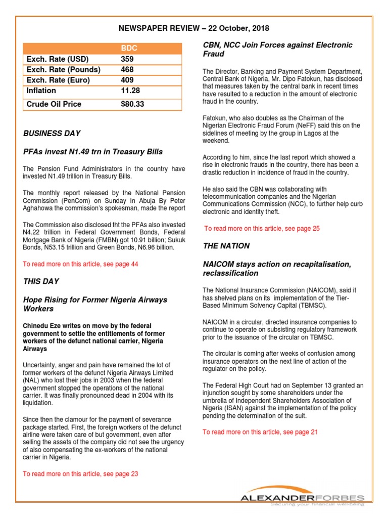 Newspaper Review - 22 October, 2018 - 1 | PDF | Nigeria | Insurance
