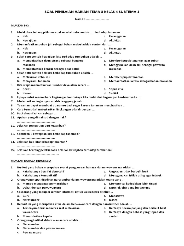Soal Penilaian Harian Tema 3 Kelas 4 Subtema 1