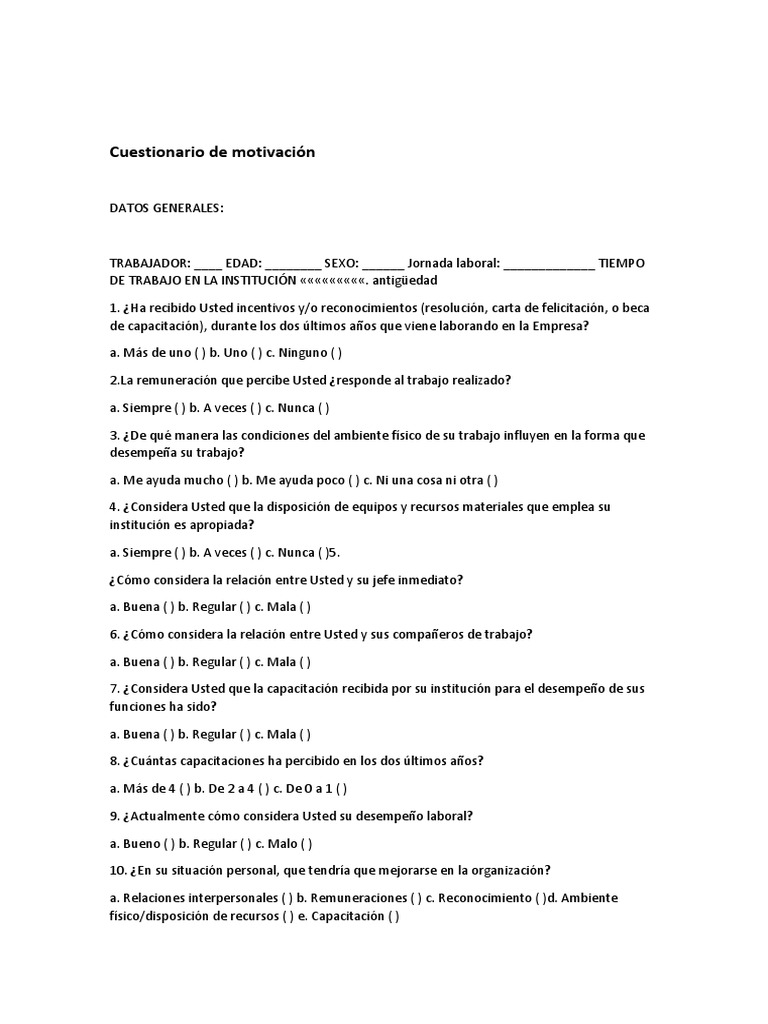 Cuestionario de Motivación Laboral | PDF | Crecimiento personal y ...