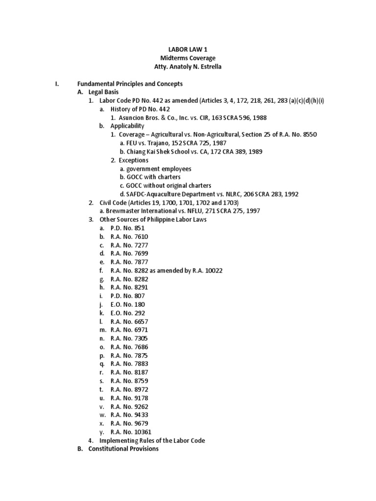 Labor Law Outline for Midterms | PDF | Employment | Labour Law