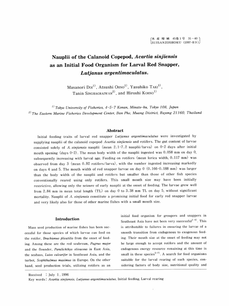 Initial Feeding of Red Snapper Larvae | PDF | Spawn (Biology) | Nature
