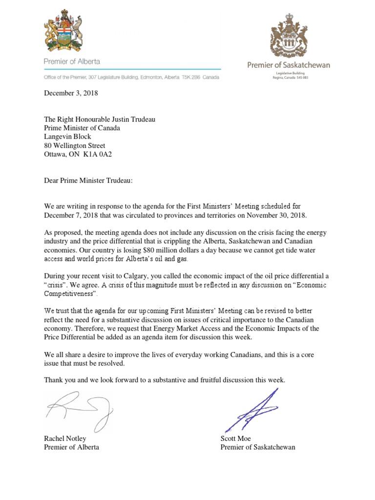 Letter To Prime Minister Trudeau On The Upcoming Fmm Dec 3 2018