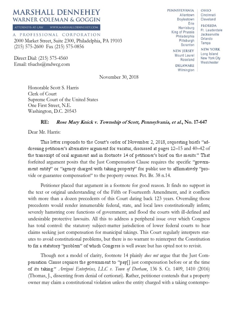 Township of Scott's Supplemental Letter Brief, Knick v. Township of