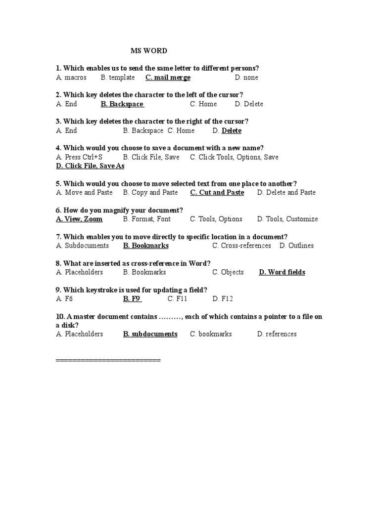 Ms Word Mcq Hyperlink Microsoft Word