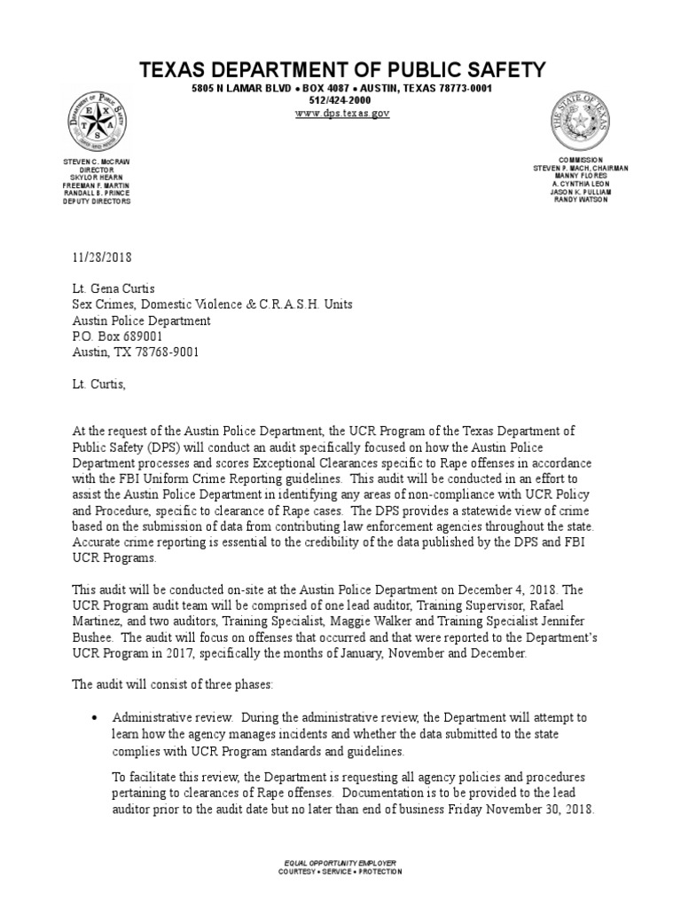 DPS letter detailing audit to APD Sex Crimes Unit | Audit | Crimes