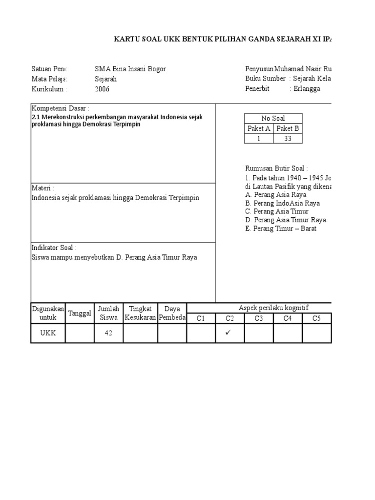Contoh Kartu Soal Sejarah