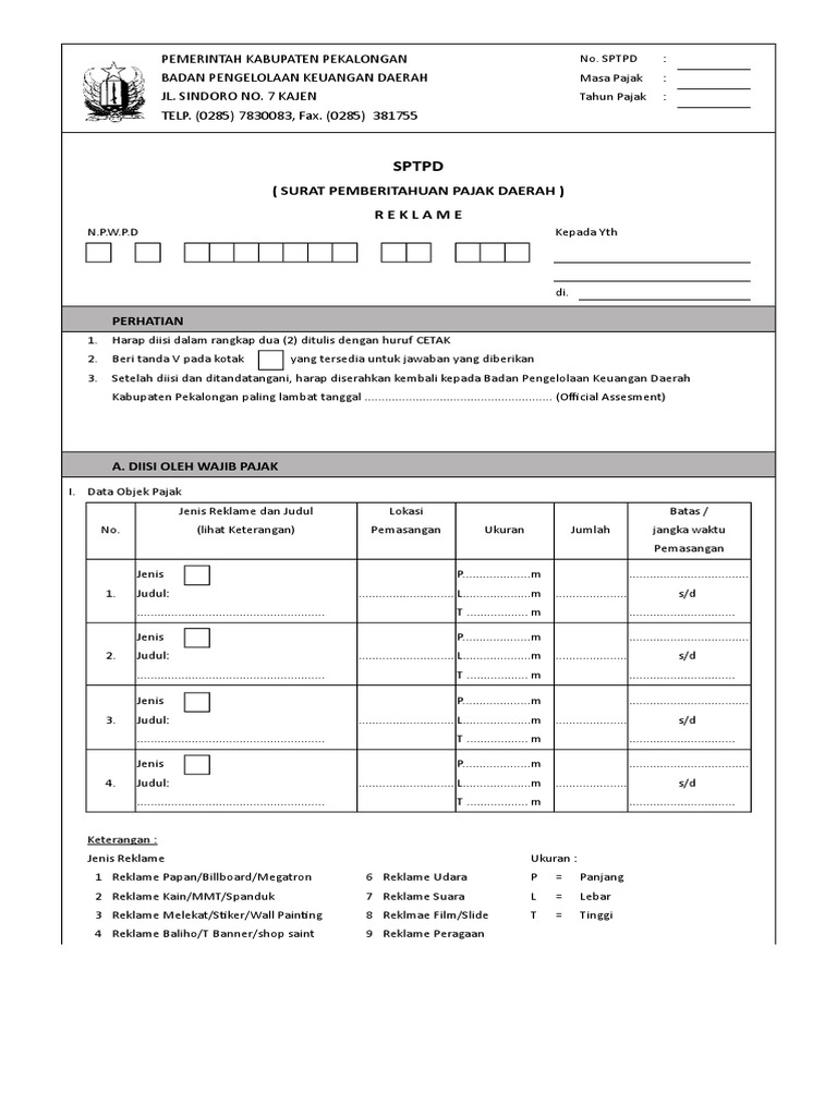 Sptpd ( Surat Pemberitahuan Pajak Daerah ) Reklame
