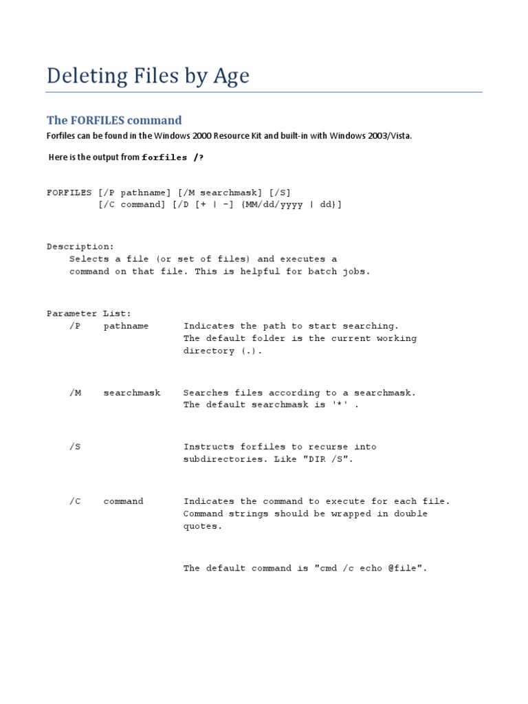 Forfiles Command: Delete Old Files | PDF | Computer File | Command Line ...