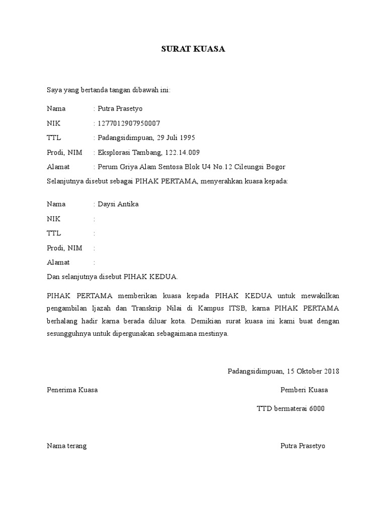 Surat Kuasa Pengambilan Ijazah Asli