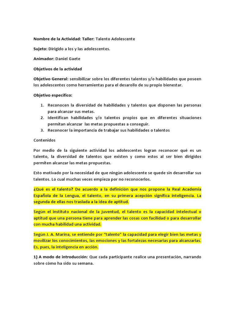 Taller de Talentos para Adolescentes | PDF | Adolescencia | Aprendizaje