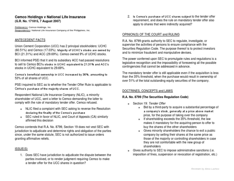 Cemco Holdings V National Life Insurance (Digest) PDF U.S