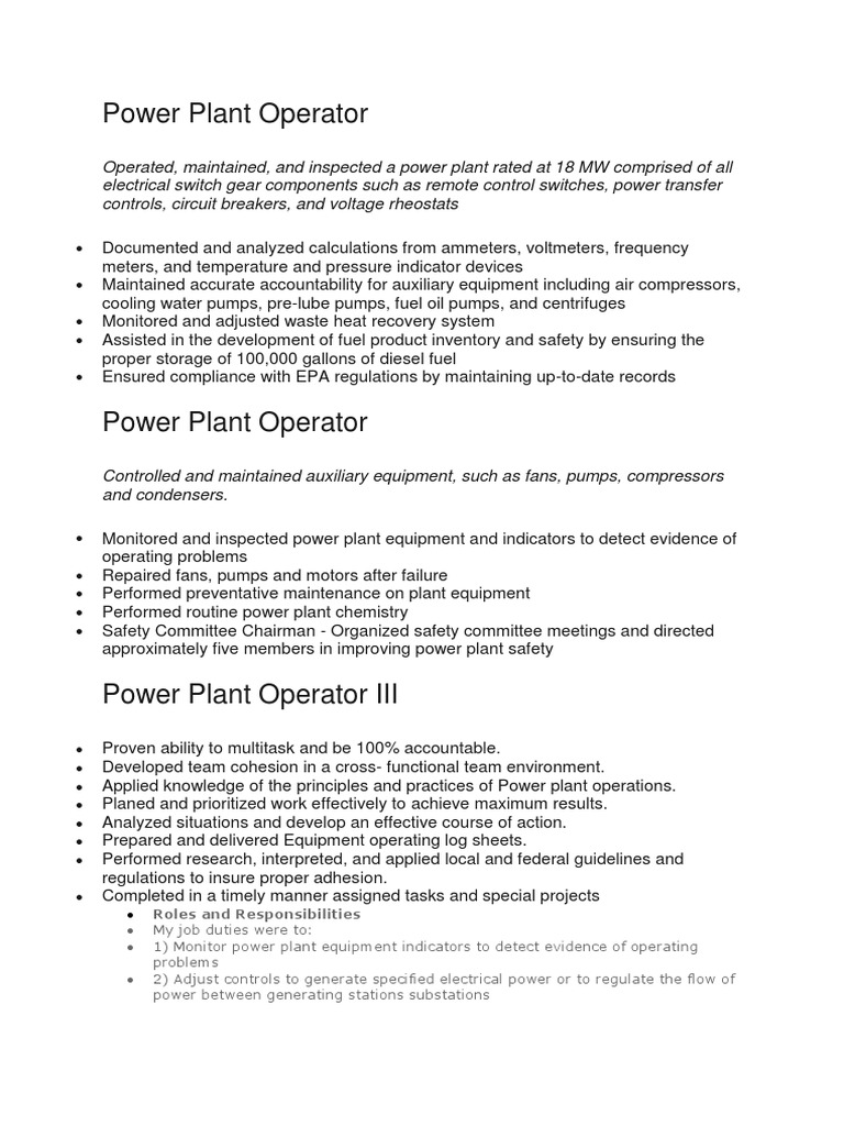 Power Plant Operator 1 Power Station Gasification