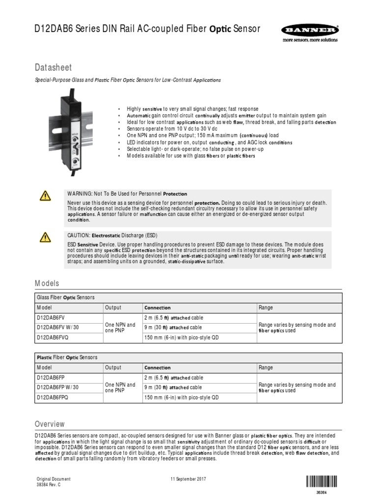 D12dab6 Series Din Rail Ac Coupled Fiber Optic Sensor Datasheet