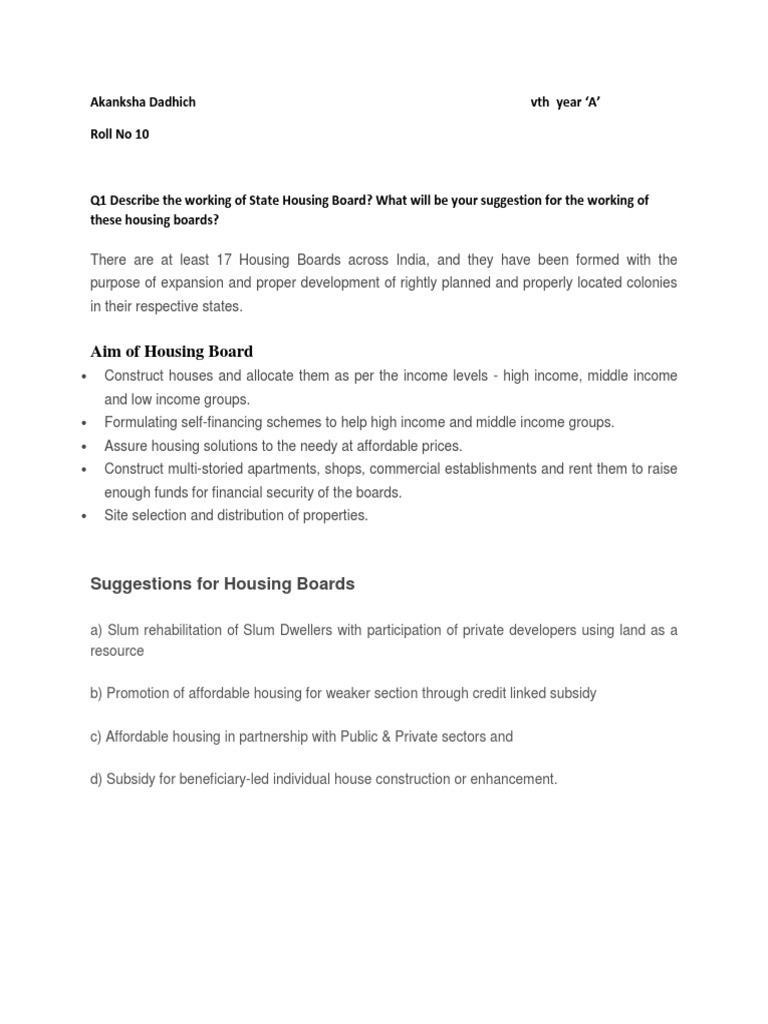 Aim of Housing Board Suggestions For Housing Boards PDF