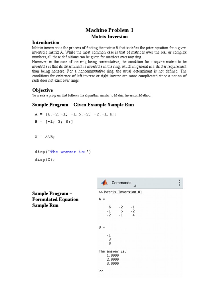 Machine Problem 1: Matrix Inversion | PDF | Matrix (Mathematics ...