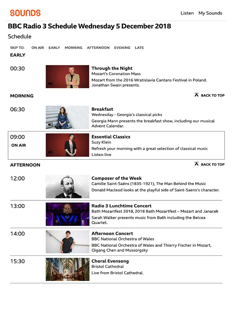 BBC Radio 3 Schedules, Wednesday 5 December 2018