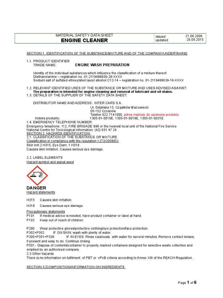 Engine Cleaner MSDS Safety Guide PDF Physical Sciences Safety