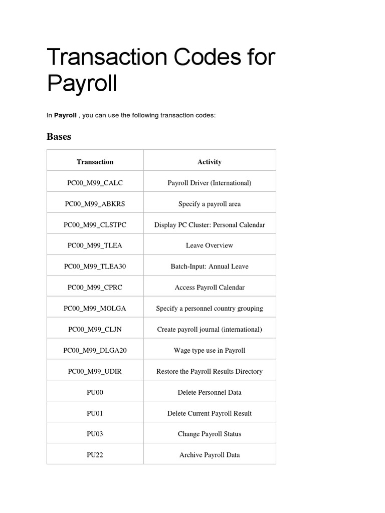 Transaction Codes For Payroll: Bases | PDF | Payroll | Wage